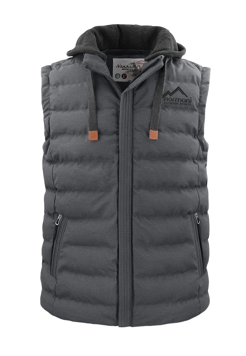 Gepolstertes graues Vest mit Kapuze. Mit einem Reißverschluss auf der Vorderseite, zwei Seitentaschen und dekorativen braunen Lederakzenten an den Kordeln.