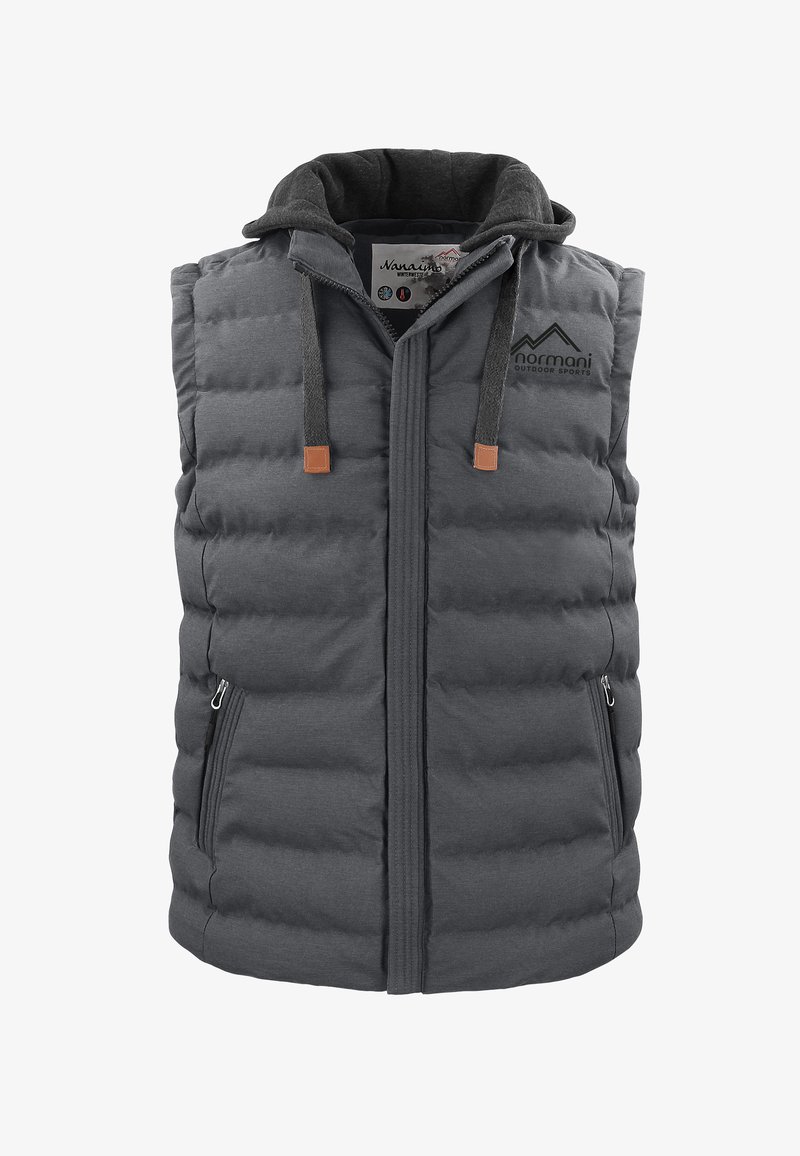 Gepolstertes graues Vest mit Kapuze. Mit einem Reißverschluss auf der Vorderseite, zwei Seitentaschen und dekorativen braunen Lederakzenten an den Kordeln.