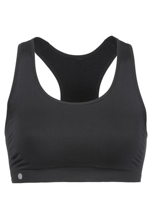 Czarny stanik sportowy z gładkiego materiału, z tyłem w stylu racerback i siateczkowym panelem na plecach. Posiada subtelną logo po dolnej stronie przodu.