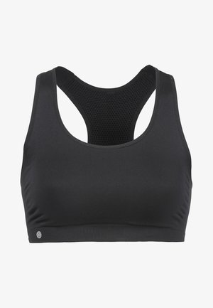 Czarny stanik sportowy z gładkiego materiału, z tyłem w stylu racerback i siateczkowym panelem na plecach. Posiada subtelną logo po dolnej stronie przodu.