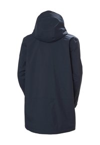 Granatowy wodoodporny płaszcz z kapturem, z długimi rękawami, prostym krojem i minimalistycznym wzornictwem. Gładka tekstura, brak widocznych wzorów.