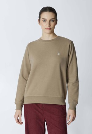 Felpa in misto cotone color taupe con polsini e collo a costine. Presenta un piccolo logo ricamato sul petto sinistro.