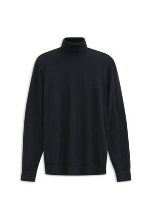 Schwarzer Rollkragenpullover aus einem glatten, leichten Material. Verfügt über lange Ärmel, einen figurbetonten Kragen und ein dezentes Logo auf der Brust.