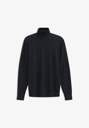 Schwarzer Rollkragenpullover aus einem glatten, leichten Material. Verfügt über lange Ärmel, einen figurbetonten Kragen und ein dezentes Logo auf der Brust.