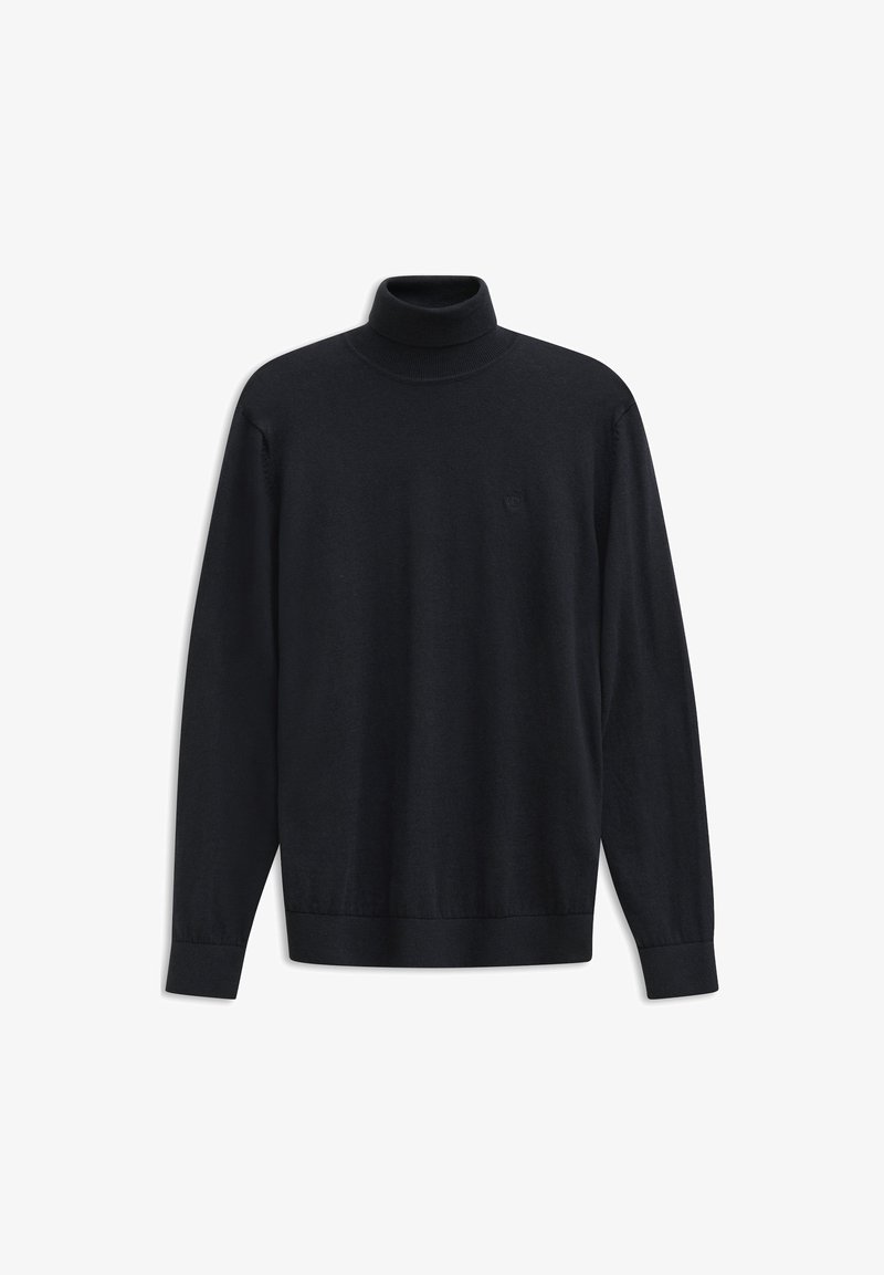 Schwarzer Rollkragenpullover aus einem glatten, leichten Material. Verfügt über lange Ärmel, einen figurbetonten Kragen und ein dezentes Logo auf der Brust.