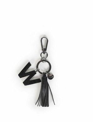 Portachiavi nero con una "W" luccicante, un dettaglio a nappina e un accento rotondo. Presenta un gancio metallico e un anello circolare per il fissaggio.