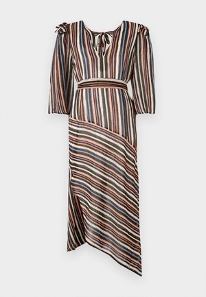 Gestreiftes Maxikleid mit V-Ausschnitt, langen Ärmeln und gerafften Details. Verfügt über wechselnde Farben in Schwarz, Beige, Pink und Blau in unterschiedlichen Breiten.