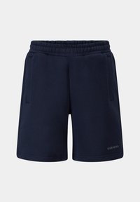 Marineblå shorts laget av mykt stoff, med elastisk midje, to sidesommer og en subtil logo på den nedre kanten.