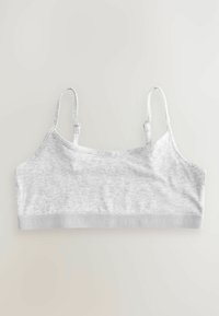Sivi pamučni bralet s podesivim trakama i mekanim pojasom koji nosi ime brenda. Glatka tekstura s minimalističkim dizajnom.