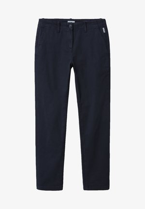 Navy katoenen chinos met een gladde textuur, taps toelopende pijpen, vo pockets en een ritssluiting. Subtiel merklabel aan de zijkant.