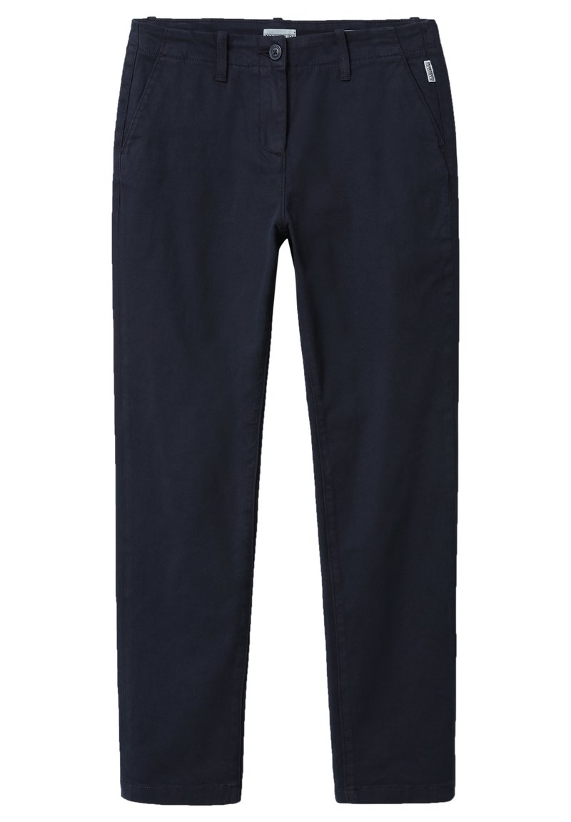 Navy katoenen chinos met een gladde textuur, taps toelopende pijpen, vo pockets en een ritssluiting. Subtiel merklabel aan de zijkant.