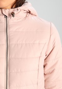 Giacca a vento rosa chiaro con chiusura a zip, cappuccio e cuciture orizzontali. Tessuto liscio e lucido con dettagli della zip grigi.