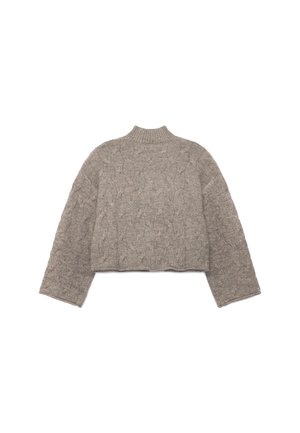 Maglione in lana beige lavorato a maglia con motivo a treccia, maniche lunghe, vestibilità corta e collo alto a coste.