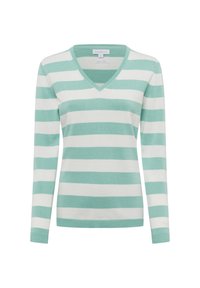 Mintgrüner und weiß gestreifter Pullover mit V-Ausschnitt, langen Ärmeln und gerippten Bündchen. Hergestellt aus Bio-Baumwolle und bietet eine glatte Textur.