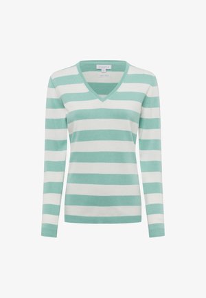 Pull en mint vert et blanc à rayures, avec un col en V, des manches longues et des poignets côtelés. Fabriqué en coton biologique, avec une texture lisse.
