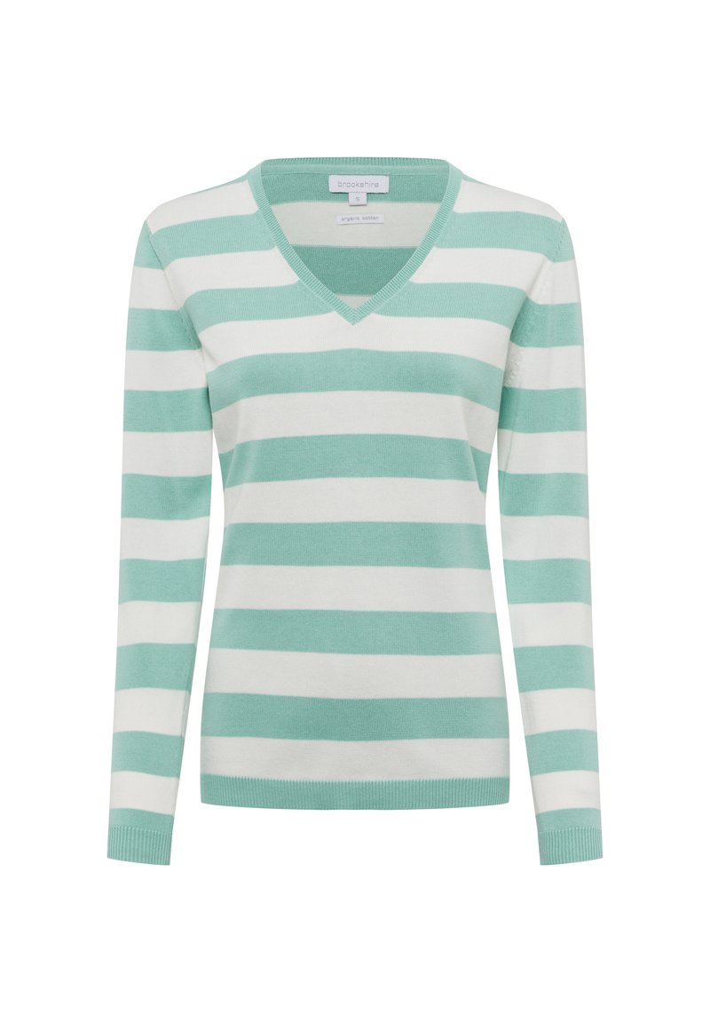 Mintgrüner und weiß gestreifter Pullover mit V-Ausschnitt, langen Ärmeln und gerippten Bündchen. Hergestellt aus Bio-Baumwolle und bietet eine glatte Textur.