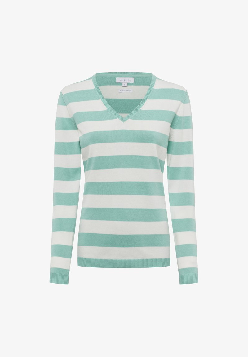 Mintgrüner und weiß gestreifter Pullover mit V-Ausschnitt, langen Ärmeln und gerippten Bündchen. Hergestellt aus Bio-Baumwolle und bietet eine glatte Textur.
