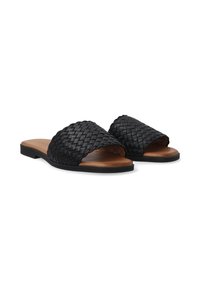Sorte, vævede slidesandaler med flad sål, som har et bredt stropdesign og en glat, tan farvet fodseng. Holdbart materiale med struktureret finish.
