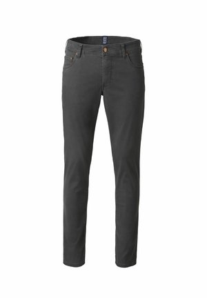 Dunkelgraue Herren Slim-Fit-Hosen mit Knopf- und Reißverschluss, fünf Taschen und Gürtelschlaufen, auf weißem Hintergrund präsentiert.