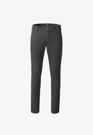 Pantalons ajustés pour hommes gris foncé avec fermeture à bouton et zip, cinq poches et passants de ceinture, présentés sur fond blanc.