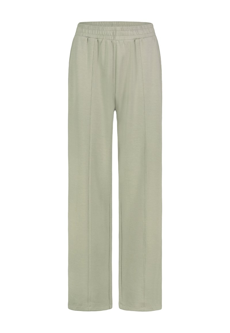 Hellgrüne, weit geschnittene Hosen mit elastischem Bund, ausgestattet mit zwei vorderen Falten und einer glatten Textur. Keine sichtbaren Taschen.