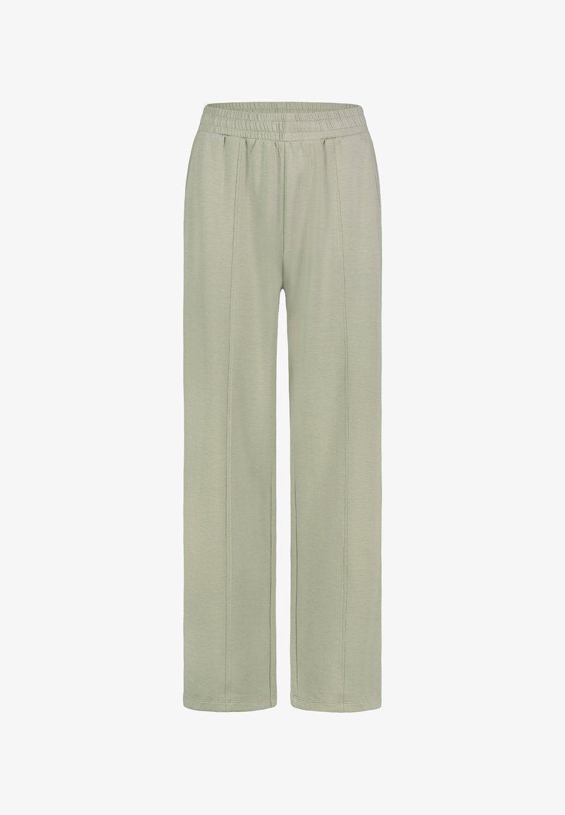Hellgrüne, weit geschnittene Hosen mit elastischem Bund, ausgestattet mit zwei vorderen Falten und einer glatten Textur. Keine sichtbaren Taschen.