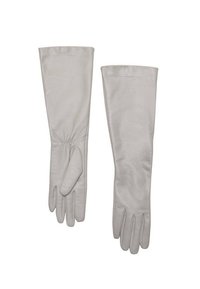 Guantes de cuero gris con una textura suave, diseño largo, detalle fruncido en la muñeca y un solo dedo para una mejor destreza.