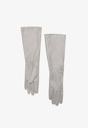 Gray leather gloves with a smooth texture, long design, gathered wrist detail, and a single finger for better dexterity.