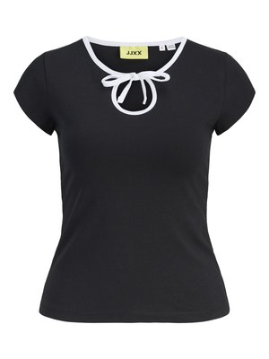 Must rõngas kaelusega lühikeste varrukatega must T-särk pehmest kangast, valge äärisega ja keskel lipsuga detailiga. Suurus väikene.