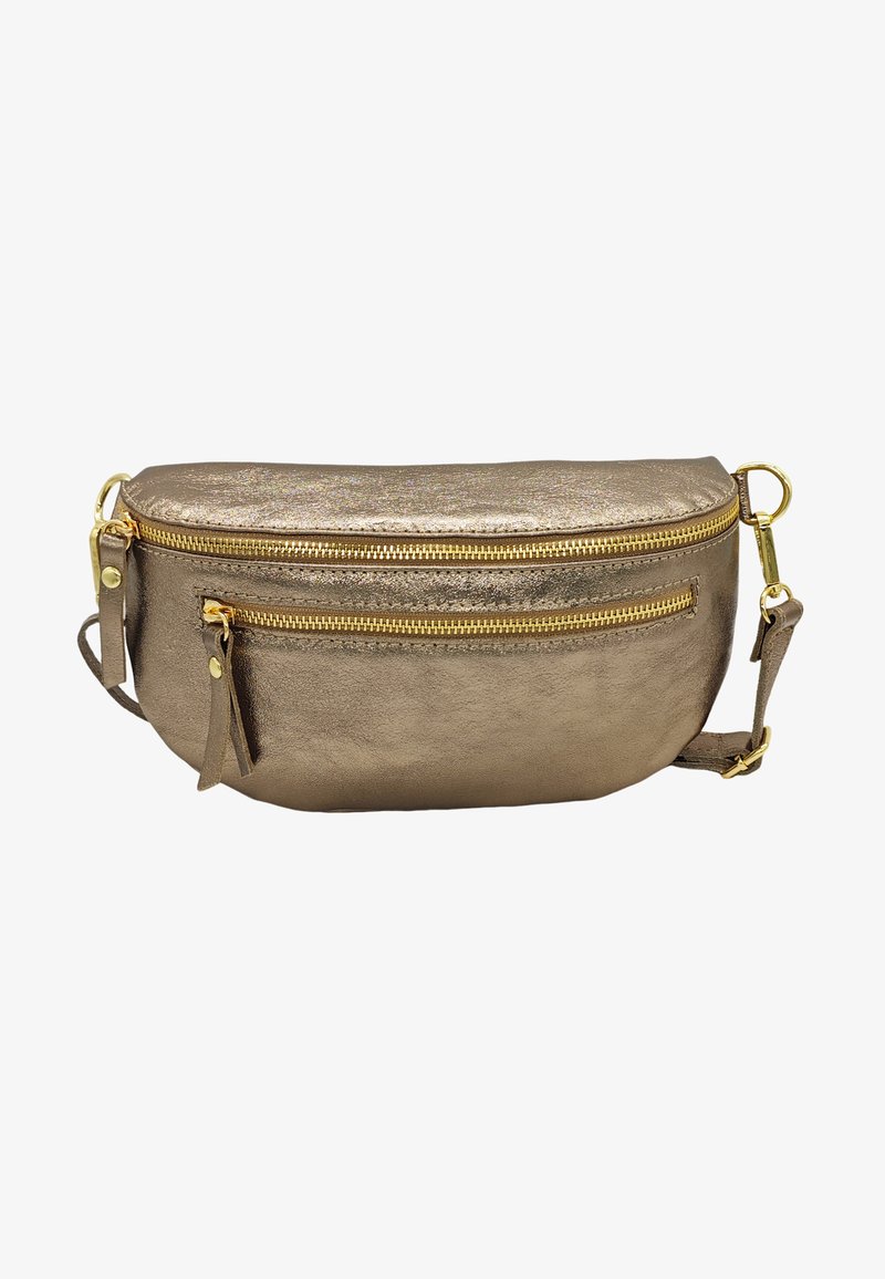 Sac bandoulière métallisé doré avec une texture lisse, deux compartiments zippés et des accents en matériel doré. Sangle réglable incluse.