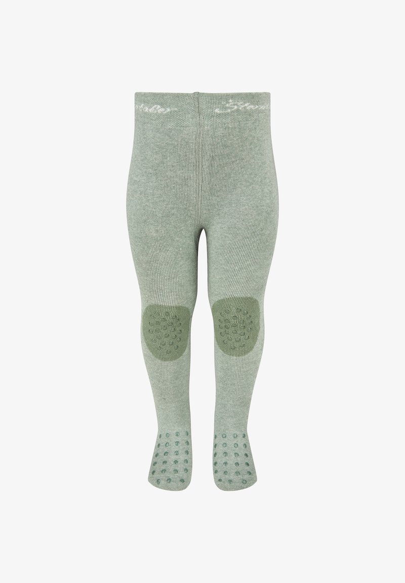 Light green knitted leggings with textured knee patches and grip dots on the soles for enhanced traction. Soft, ribbed fabric texture.