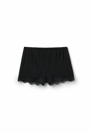 Schwarze Damen-Shorts mit elastischem Bund und gewelltem Spitzenbesatz am Saum vor weißem Hintergrund.