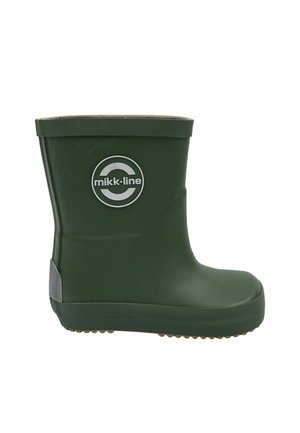 Botte de pluie en caoutchouc verte pour enfants avec semelle texturée et logo « mikk-line » sur le côté, conçue pour temps humide.