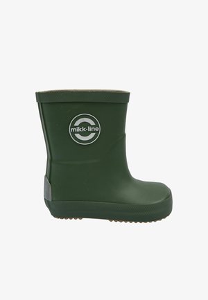 Botte de pluie en caoutchouc verte pour enfants avec semelle texturée et logo « mikk-line » sur le côté, conçue pour temps humide.