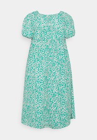 Grünes Blumenkleid mit kurzen Puffärmeln, einem runden Ausschnitt und einer lockeren Passform. Der Stoff hat ein strukturiertes Muster aus weißen und rosa Blumen.