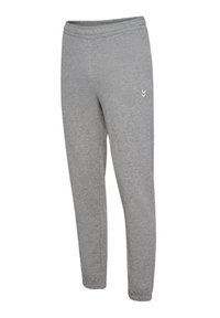 Graue Sweatpants aus einem weichen, dehnbaren Material mit einem elastischen Bund. Mit einem kleinen, hellen Logo nahe der linken Hüfte.