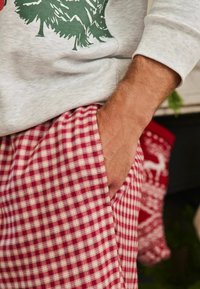 Červené a biele kárované flanelové pyžamové nohavice so bočnou vreckom spárované so šedým mikinou s grafikou stromu. Textúrovaná tkanina.