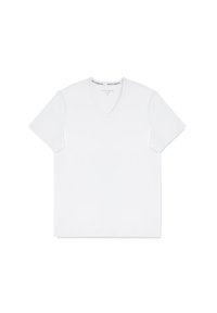 Biała koszulka z dekoltem w serek i krótkimi rękawami. Wykonana z miękkiego materiału, charakteryzująca się prostym designem i subtelnym logo wzdłuż dekoltu.