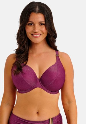 Deep paarse plunge beha met gladde stof, gevormde cups, verstelbare bandjes en gouden accenten.