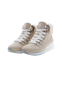 Beige suede ankle boots with white laces, silver hardware, and faux fur collar. Features a cushioned sole and textured tread.