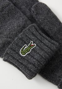 Guantes de punto gris oscuro con puños acanalados, que presentan un logotipo de cocodrilo verde bordado en el puño. Textura suave y ajuste ceñido.