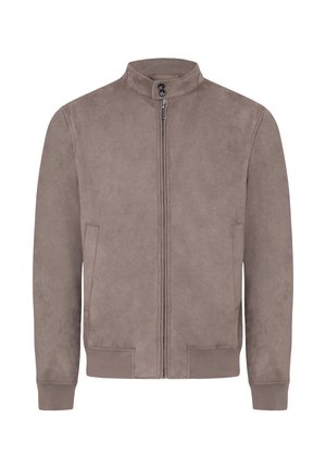 Braune Wildlederjacke mit hohem Kragen, Reißverschluss vorn und seitlichen Taschen. Glatte Textur und taillierter Schnitt, geeignet für Schichtlooks.