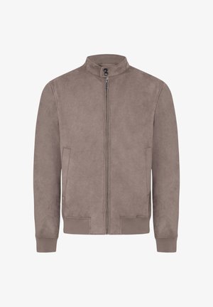 Brun mockaskinnjacka med hög krage, dragkedja framtill och sidofickor. Slät textur och åtsittande design, lämplig för lager-på-lager-outfits.