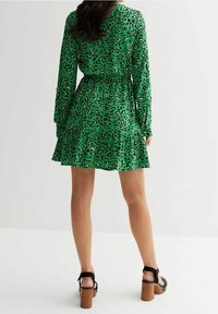 Abito verde a maniche lunghe con stampa animale, con orlo svasato. Indossato con sandali neri con tacco a blocco. Tessuto liscio.