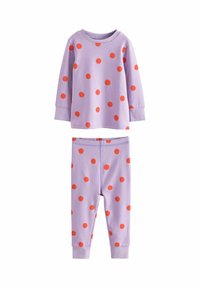 Ensemble de pyjama violet avec des manches longues et des leggings, orné de vives pois rouges. Fabriqué en tissu doux, il comprend des poignets et une taille côtelés.