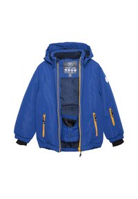 Blauem wasserdichter Jacke mit abnehmbarem Kapuze, gelben Reißverschlüssen, schwarzen Bündchen und weichem Innenfutter. Verfügt über Fronttaschen und ein Etikett im Inneren.