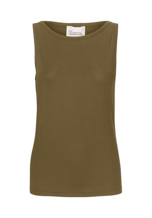 Oliivroheline, ilma varrukateta tipp ribakujundusega. Ümar kaelus ja kärbitud kuju. Omab silti, millel on kirjas "MINU OLULINE KAPISISU".