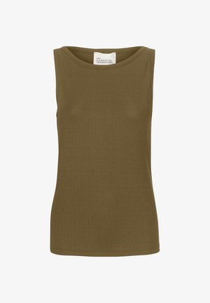 Olive green, sleeveless top with ribbed texture. Round neckline and fitted shape. Features a label reading "MY ESSENTIAL WARDROBE."