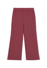 Brede, hooggetailleerde bordeauxrode broek met een elastische tailleband, gemaakt van zachte, gestructureerde stof.