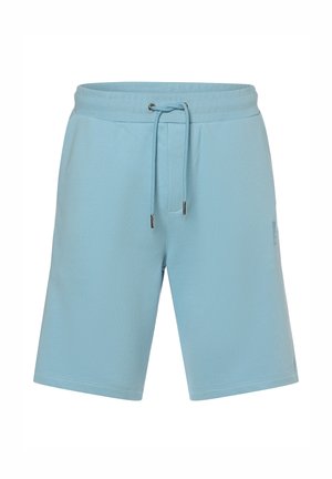 Shorts de sport bleu clair en tissu doux, dotés d'une taille élastique avec cordon de serrage ajustable et de poches latérales.
